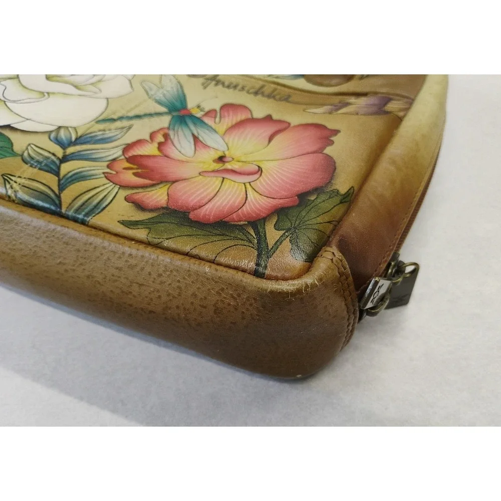 ANUSCHKA Leather Shoulder Bag Hand Painted Colorful Dragonfly & Floral Design‎